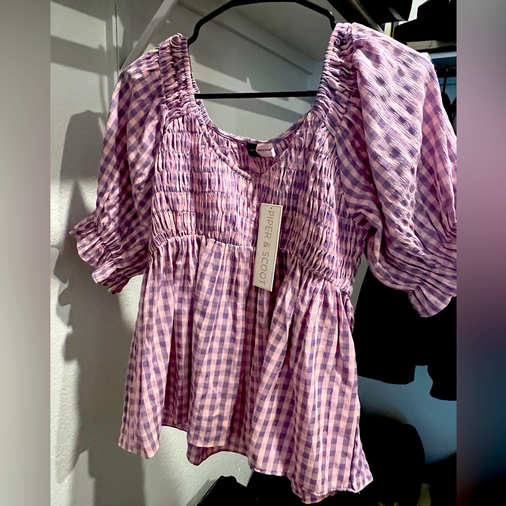 Piper & Scoot empire waist plaid puff sleeve blouse